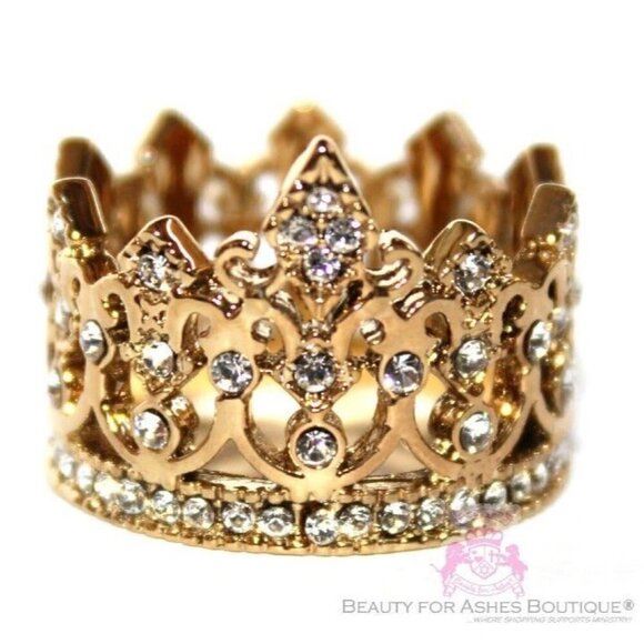 Stainless Steel Royalty Womens Clear Crystal Goldtone Crown of Life Ring Size 7 - Picture 1 of 3
